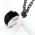 Rabbit Fur Ball POM POM Mirror Keychain Long Chain Necklace